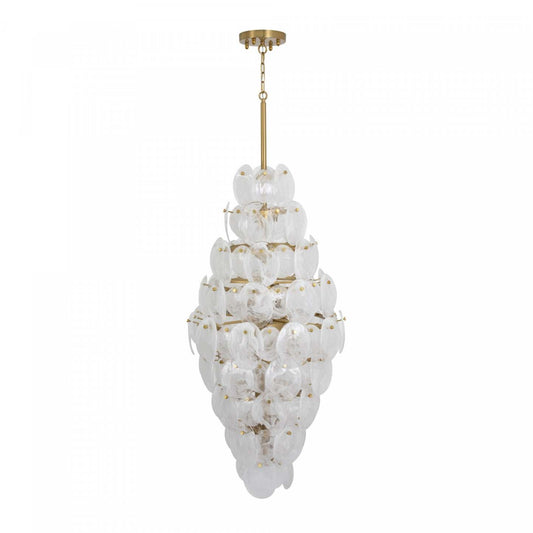 Lustre A 15 lampes Lily, Laiton Brosse Et Verre Genre Murano Blanc Vaporeux