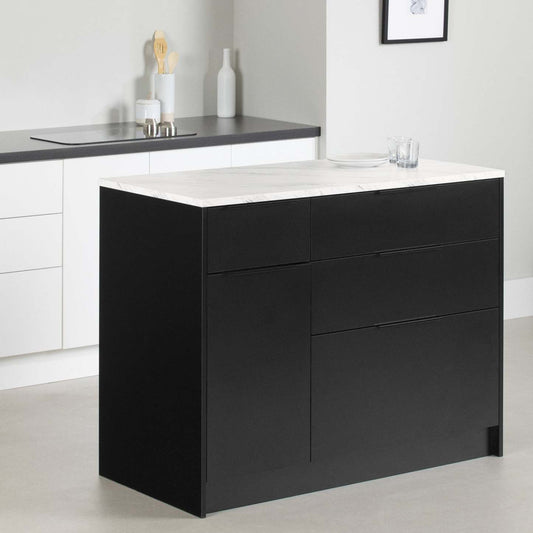 Olio Ilot De Cuisine Avec Porte Et Tiroirs - Noir Mat Et Faux Marbre Blanc | Olio Kitchen Island With Door And Drawers - Matte Black And Faux White Marble