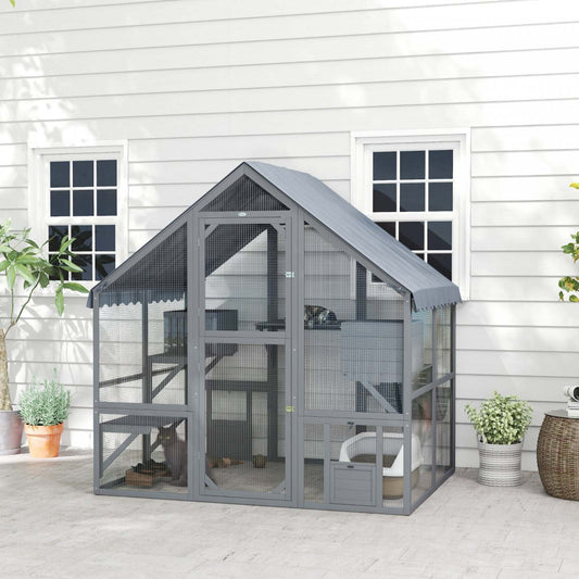 Pawhut Catio Enclos extérieur pour chats, grande maison pour chatons avec couverture imperméable, 2 boîtes de repos, 4 plateformes, pont, cage en bois pour chats à l'extérieur pour 2-4 chatons, 73 X 55 X 74, gris