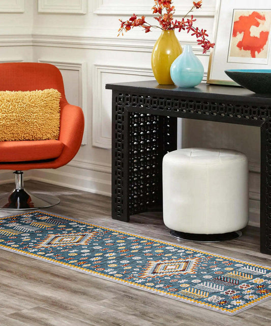 Tapis bleu gypsy lavable en machine - 2'6 x 8'0|Carpette Gypsy bleue lavable à la machine - 2 pi 6 po x 8 pi 0 po|D86FNWUF