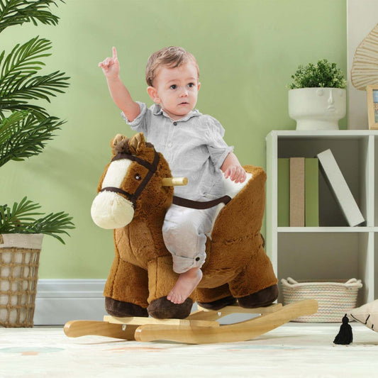 Qaba Baby Cheval à bascule, Jouet en peluche pour tout-petits âgés de 18 à 36 mois, Jouet à chevaucher avec fils, Ceinture de sécurité, Marron