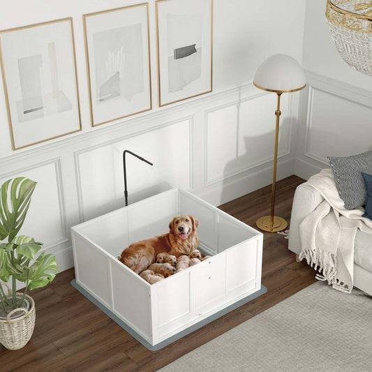 Pawhut Boîte De Mise Bas Pour Chiens, Parc Pour Chiots Avec Support Lumineux Rétractable, Coussin Imperméable, Rail, Adju