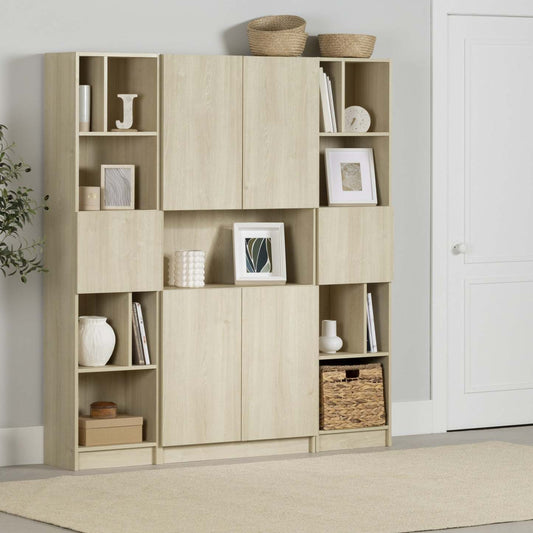 Liora Set Of Bookcase And 2 Narrow 5-shelf Bookcases - Bleached Oak | Liora Ensemble Bibliotheque Et 2 Bibliotheques Etroites 5 Tablettes - Chene Blanchi