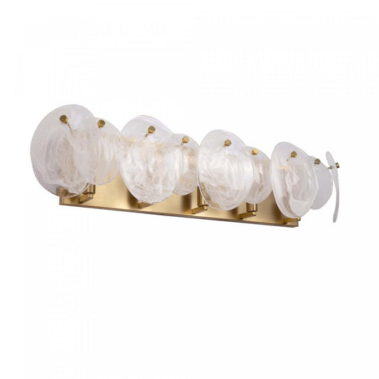 Lily 5 Light Bathroom Vanity, Brushed Brass With Wispy White Murano Style Glass Lamp | Luminaire De Salle De Bain A 5 lampes Lily, Laiton Brosse Et Verre Genre Murano Blanc Vaporeux