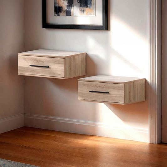 Primo Set Of 2 Floating Nightstands With 1 Drawer - Rustic Oak | Primo Ensemble De 2 Tables De Chevet Flottantes 1 Tiroir - Chene Rustique