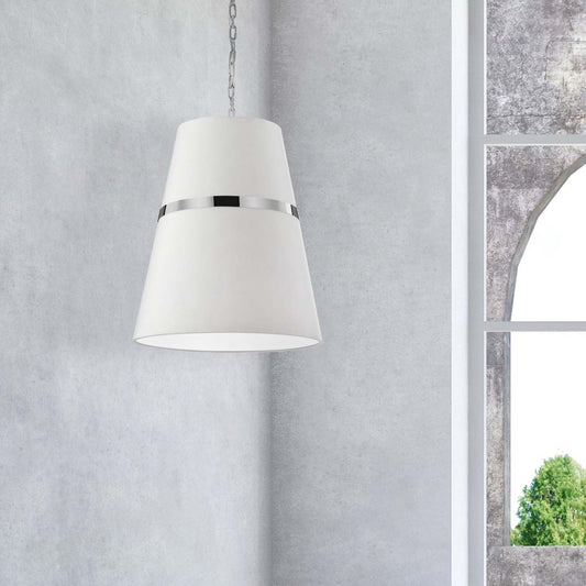 Luminaire suspendu Symphony de Dainolite avec abat-jour blanc mat, fini chromé poli et 3 ampoules