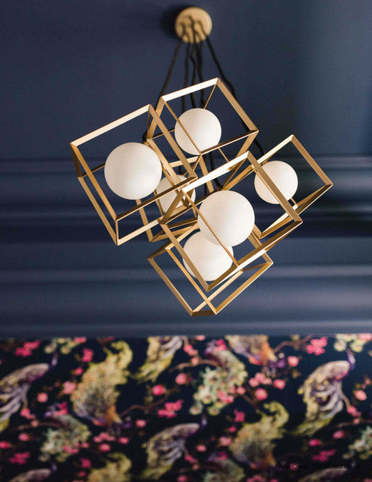 Dainolite Thomson 6 Light Pendant Gold Finish Opal White Glass Lamp|Luminaire suspendu Thomson de Dainolite en verre blanc opale, avec fini doré et 6 ampoules