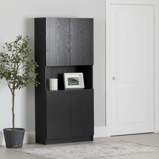 Liora 4-door Bookcase With Open Storage - Black Oak | Liora Bibliotheque 4 Portes Et Rangement Ouvert - Chene Noir