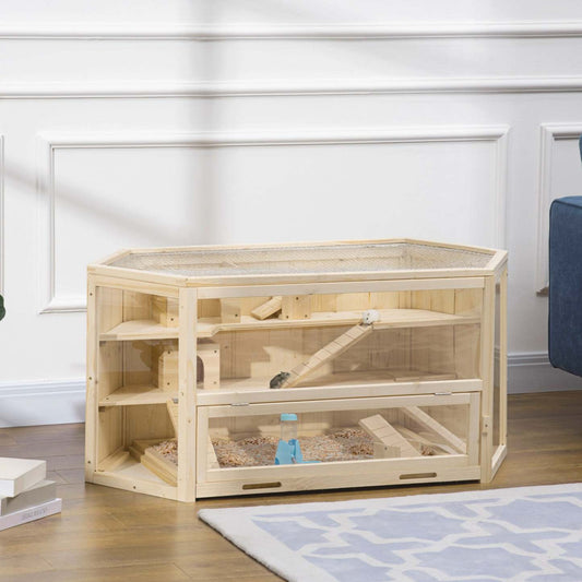 Pawhut Grande Cage En Bois Pour Hamster, Souris, Rats, Petit Animal, Exercice, Maison De Jeu À 3 Niveaux Avec Plateau