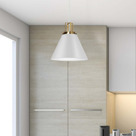 Luminaire suspendu Sonus de Dainolite avec fini blanc mat, touches laiton vieilli et 1 ampoule