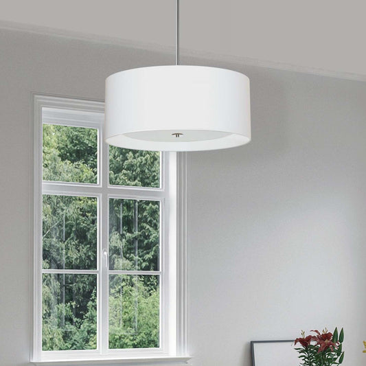 Dainolite Helena 4 Light Pendant 22 Dia Polished Chrome Finish White Shade White Diffuser Lamp|Luminaire suspendu Helena de Dainolite de 22 po de diamètre avec abat-jour blanc qui diffuse la lumière, fini chromé poli et 4 ampoules