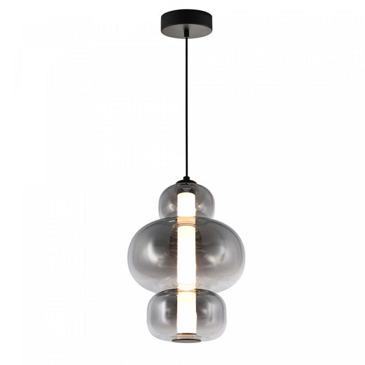 Suspension LED intégrée Astra, noire avec lampe en verrerie ombrée de fumée | Suspension A Del Integrees Astra, Noir Avec Verre Ombre Fume