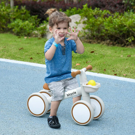 Qaba Baby Balance Bike, vélo d'équilibre pour tout-petits de 12 à 36 mois avec siège réglable, panier amovible, 4 roues silencieuses, vélo sans pédales pour garçons et filles, marron