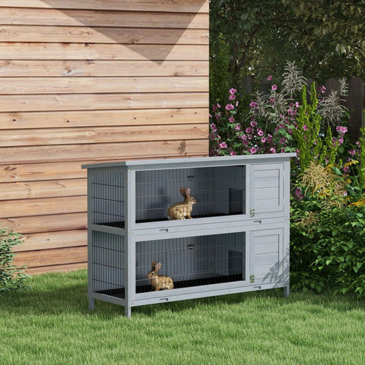 Pawhut 54 en bois grande cage à lapins à 2 étages, maison pour animaux de compagnie, habitat pour petits animaux avec portes verrouillables, bac anti-fuites et toit imperméable pour lapins, poules, canards, extérieur/intérieur gris