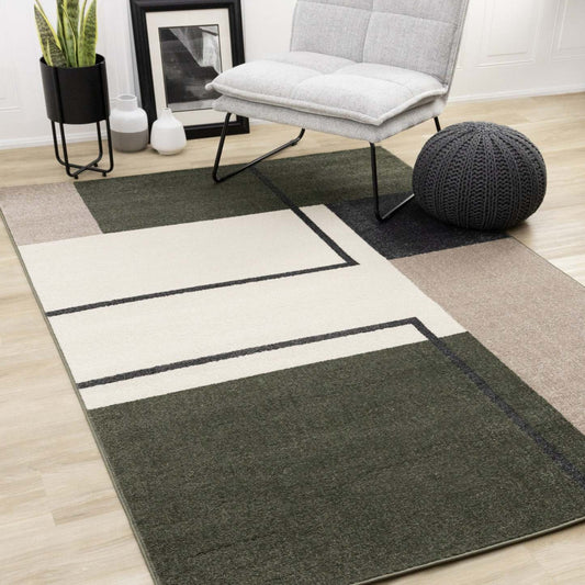 Carpette moderne Marley verte, grise et blanche à motif géométrique - 5 pi 3 po x 7 pi 7 po