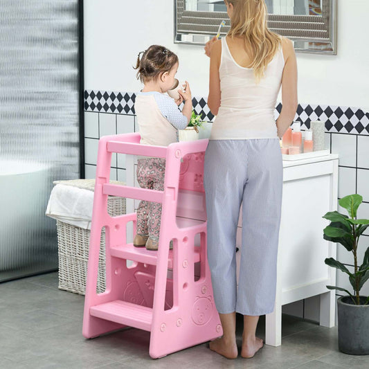 Qaba Tabouret Pour Enfants 2 Marches Avec Plateforme Réglable En Hauteur Et Rail De Sécurité, Rose|Qaba Toddler Kitchen Helper 2 Step Stool With Adjustable Height Platform And Safety Rail, Pink
