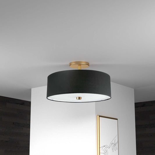 Dainolite Everly 3 Light Semi-flush Mount Aged Brass Black Shade Lamp|Plafonnier semi-affleuré Everly de Dainolite avec abat-jour noir, fini laiton vieilli et 3 ampoules