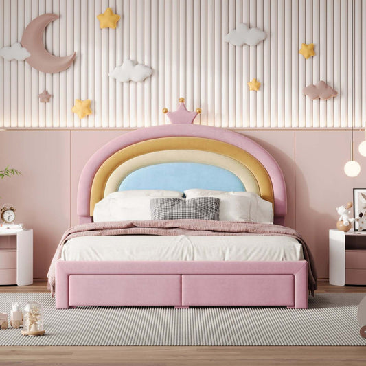 Maggie Upholstered Rainbow Princess Bed With Storage Drawer And Velvet Platform Frame,full Size,pink Full Bed | Lit Princesse Arc-en-ciel Maggie Tapisse Avec Tiroir De Rangement Et Cadre Plateforme En Velours, Taille Full, Rose