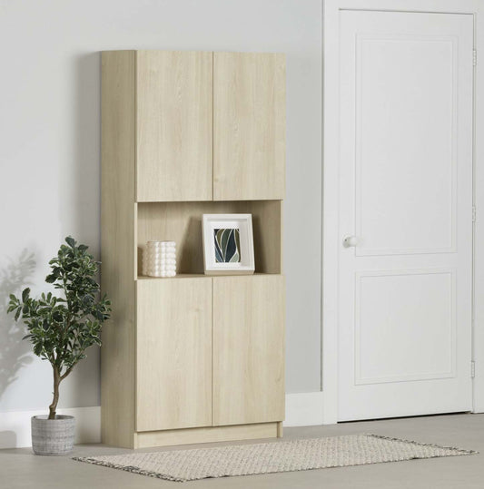 Liora 4-door Bookcase With Open Storage - Bleached Oak | Liora Bibliotheque 4 Portes Et Rangement Ouvert - Chene Blanchi