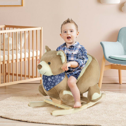 Qaba Cheval à bascule, Cheval à monter pour enfants thème ours en peluche doux avec musique, ceinture de sécurité, base en bois pour | Qaba Jouet à bascule pour enfants style ours avec musique amusante et tissu en peluche doux