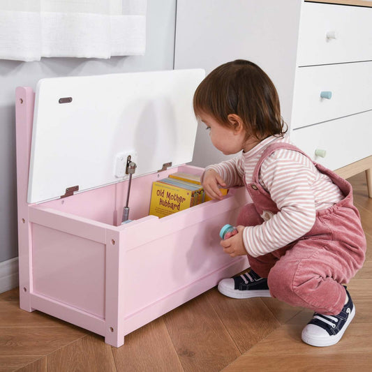 Qaba 2-en-1 Coffre A Jouets En Bois Banc De Rangement Pour Enfants Coffre De Rangement Cube Cube Avec Système Pneumatique De Sécurité