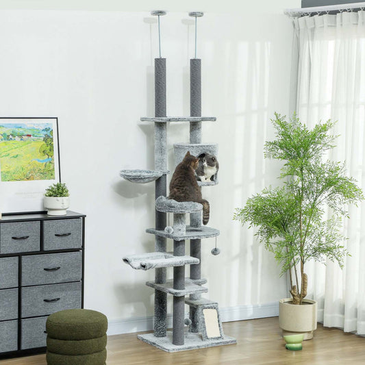 Pawhut Tour A Chat Pour Grands Chats, Arbre A Chat Du Sol Au Plafond Pour Chats D'intérieur, Hauteur Ajustable 89 -100