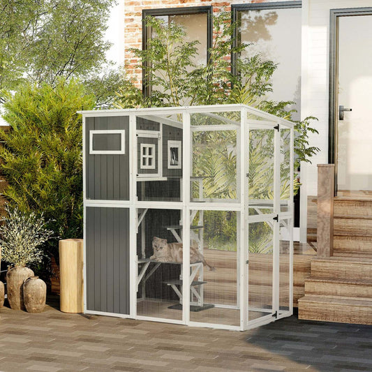 Pawhut Catio En Bois Pour Chat, Maison Extérieure Pour Chat, Enclos Pour Chat Avec Toit De Protection Contre Les Intempéries En Plastique, Mult|Pawhut Catio En Bois Pour Chat, 66,5l Cage Avec Toit De Protection Contre Les Intempéries En Pvc, P