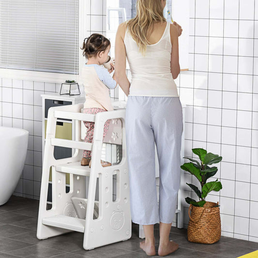 Qaba Marchepied Pour Enfants 2 Étapes Avec Plate-forme Réglable En Hauteur Et Rampe De Sécurité, Blanc|Qaba Marchepied Pour Enfants Avec Plate-forme Debout Réglable Pour Tout-petits - Tour Debout Pour Co