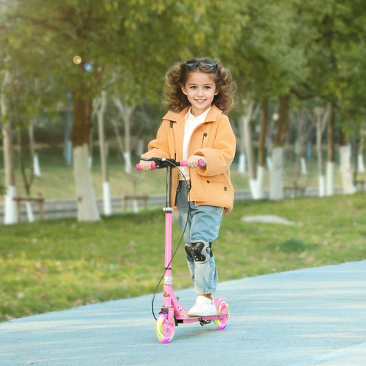 Trottinette Qaba pour enfants de 3 à 8 ans, trottinettes pliantes légères avec roues lumineuses, guidon réglable sur 4 niveaux, frein arrière et frein à main pour filles et garçons, rose