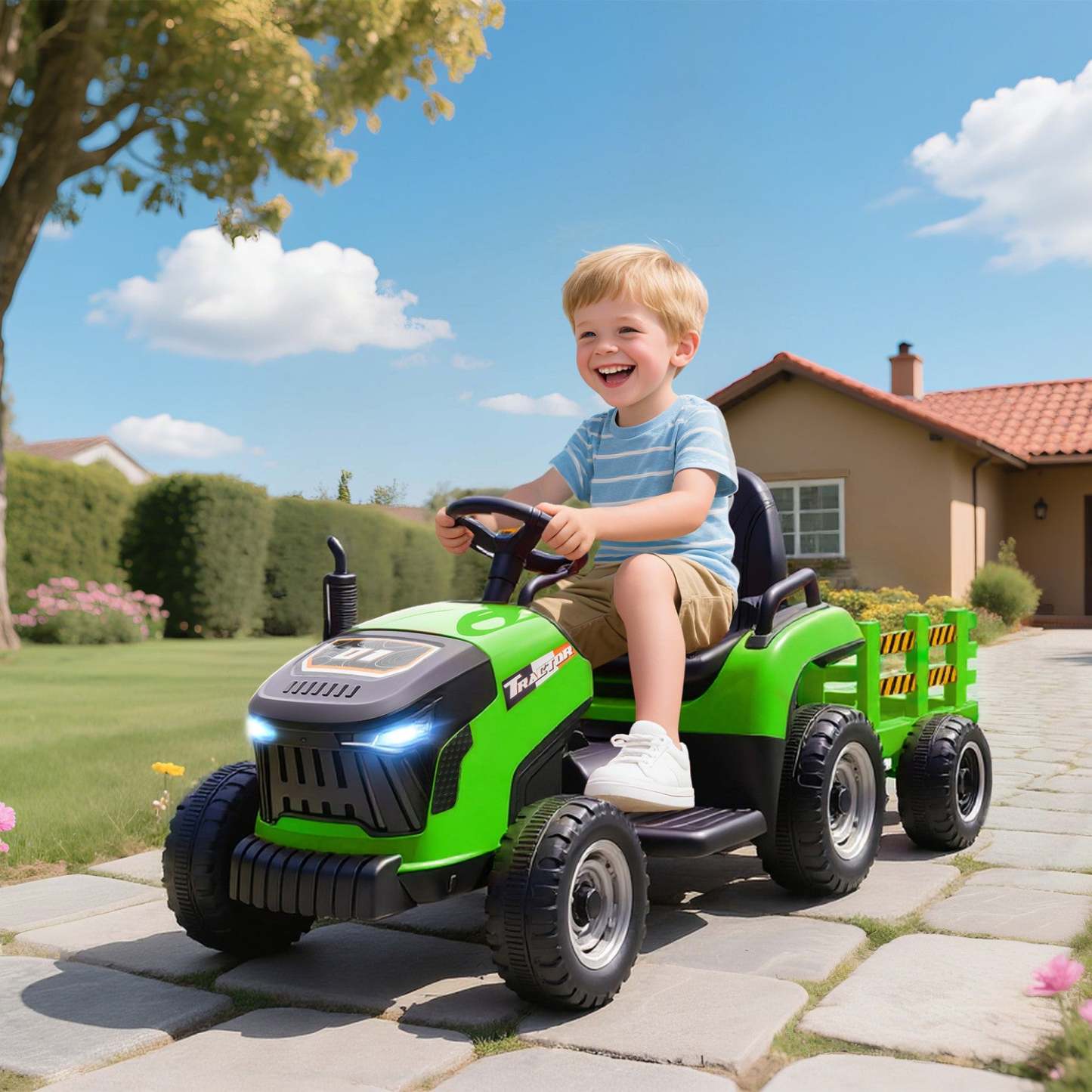 Tracteur à pédales Qaba Kids avec remorque, voiture électrique alimentée par batterie 12v avec télécommande, musique, lumières, levier de vitesses, véhicule électrique pour enfants de 3 à 8 ans, vert