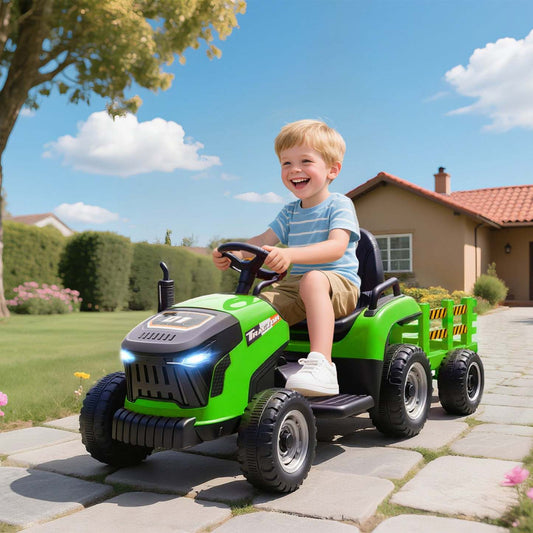 Tracteur à pédales Qaba Kids avec remorque, voiture électrique alimentée par batterie 12v avec télécommande, musique, lumières, levier de vitesses, véhicule électrique pour enfants de 3 à 8 ans, vert