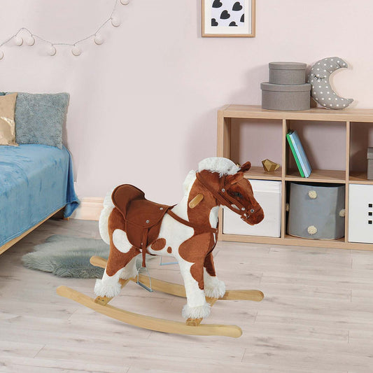 Qaba Kids Cheval à Bascule Jouet Pour Tout-Petit 3 Ans Avec Musique de Comptine et Lumière | Qaba Cheval à Bascule Jouet Peluche Avec Musique Comptine - Marron Clair / Blanc