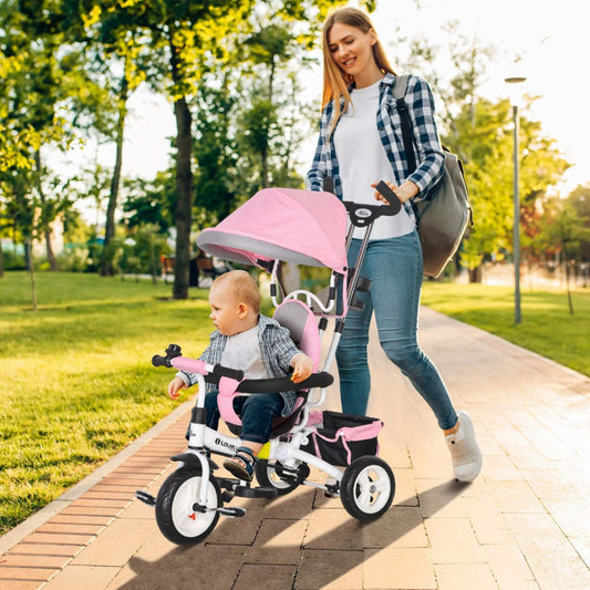 Qaba Tricycle Pour Tout-petits, Poussette De Vélo 6 En 1 Pour Bébé Avec Auvent Pliable, Panier De Rangement, Harnais De Sécurité À 5 Points