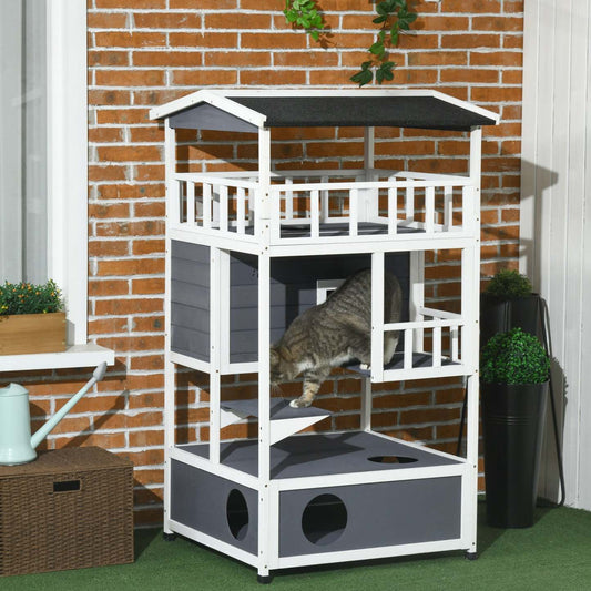 Pawhut Wooden Outdoor Cat House, Feral Cat Shelter Kitten Tree With Asphalt Roof, Escape Doors, Cond|Pawhut Condo en Bois Massif pour Chats à 4 Étages avec Espace pour Bac à Litière