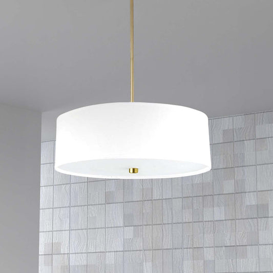 Dainolite Everly 4 Light Pendant Aged Brass Finish White Shade Lamp|Luminaire suspendu Everly de Dainolite avec abat-jour blanc, fini laiton vieilli et 4 ampoules