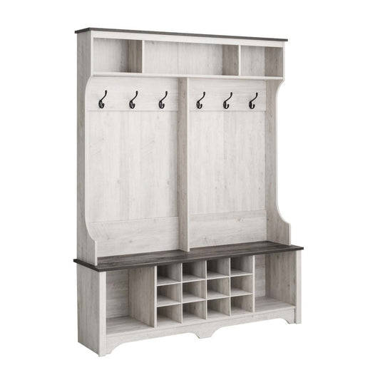 Rustic Ridge Farmhouse Entryway Storage Cabinet with Shoe Cubbies & Coat Hooks - Washed White|Armoire de rangement Rustic Ridge champêtre pour l'entrée avec compartiments pour chaussures et crochets à manteaux - blanc vieilli