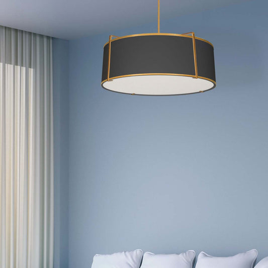 Dainolite Trapezoid 4 Light Pendant Drum Gold/Black Shade White Fabric Diffuser Lamp|Luminaire suspendu Trapezoid de Dainolite avec abat-jour cylindrique doré et noir qui diffuse la lumière, tissu blanc et 4 ampoules