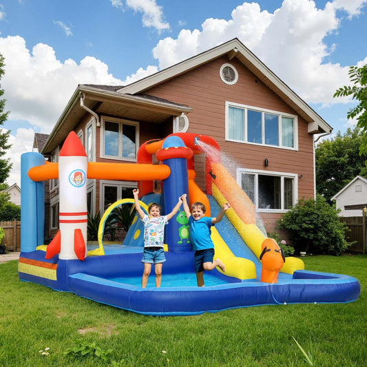 Qaba 11,8 X 8,2 pieds Maison Gonflable, Château Gonflable Pour Enfants En Plein Air Avec Souffleur 550w, 5 En 1 Bouncer Avec Toboggan, Piscine à Éclaboussures, Zone de Saut, Mur d'Escalade, Canon