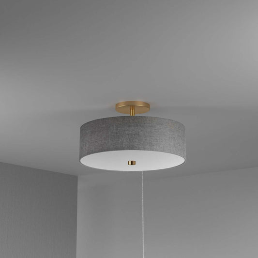 Dainolite Everly 3 Light Semi-flush Mount Aged Brass Grey Shade Lamp|Plafonnier semi-affleuré Everly de Dainolite avec abat-jour gris, fini laiton vieilli et 3 ampoules