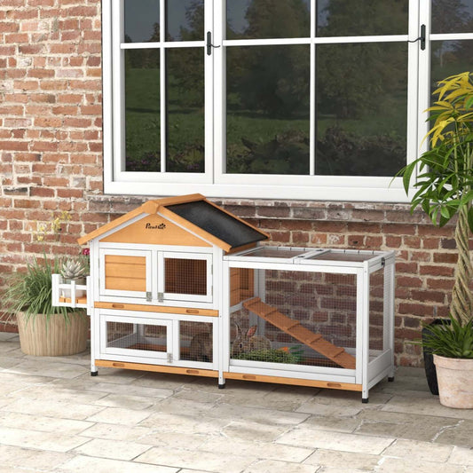Pawhut 65 Enclos en Bois pour Lapins, Parc pour Animaux de Compagnie avec Toit Ouvrable, Maison pour Lapins avec Boîte de Rangement, Plateau Amovible, Rampe, pour Lapins et Petits Animaux, Jaune