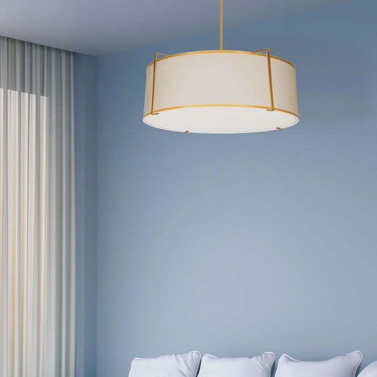 Dainolite Trapezoid 4 Light Pendant Drum Gold/Cream Shade White Fabric Diffuser Lamp|Luminaire suspendu Trapezoid de Dainolite avec abat-jour cylindrique doré et crème qui diffuse la lumière, tissu blanc et 4 ampoules