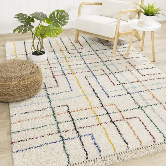 Carpette à poil long Bella avec lignes arc-en-ciel géométrique de style bohème - 5'3 x 7'7