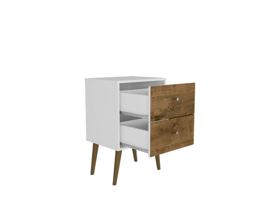 Manhattan Comfort Liberty Mid-Century Modern Nightstand with 2 Full Extension Drawers - White & Rustic Brown|Table de nuit Liberty de Manhattan Comfort de style moderne du milieu du 20e siècle avec 2 tiroirs à extension complète - blanche et brun rustique
