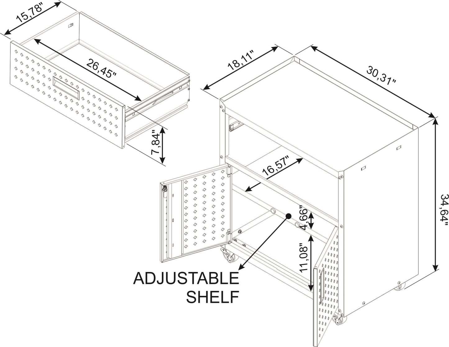 Manhattan Comfort Fortress Textured Metal 31.5 Garage Mobile Cabinet with Drawer & 2 Adjustable Shelves - Blanc|Armoire mobile Fortress de Manhattan Comfort de 31,5 po en métal texturé avec tiroir et 2 tablettes réglables pour le garage - blanc