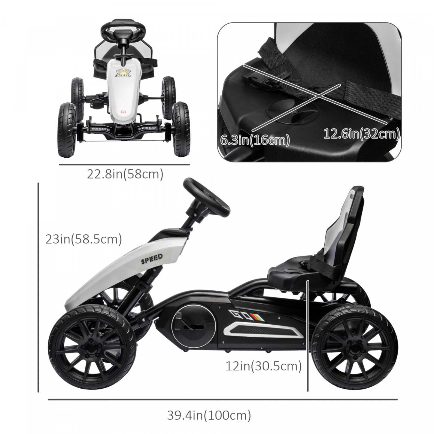 Aosom Kart à Pédales Pour Enfants, Voiture à Pédales Avec Essieu Pivotant, Siège réglable, Frein à Main