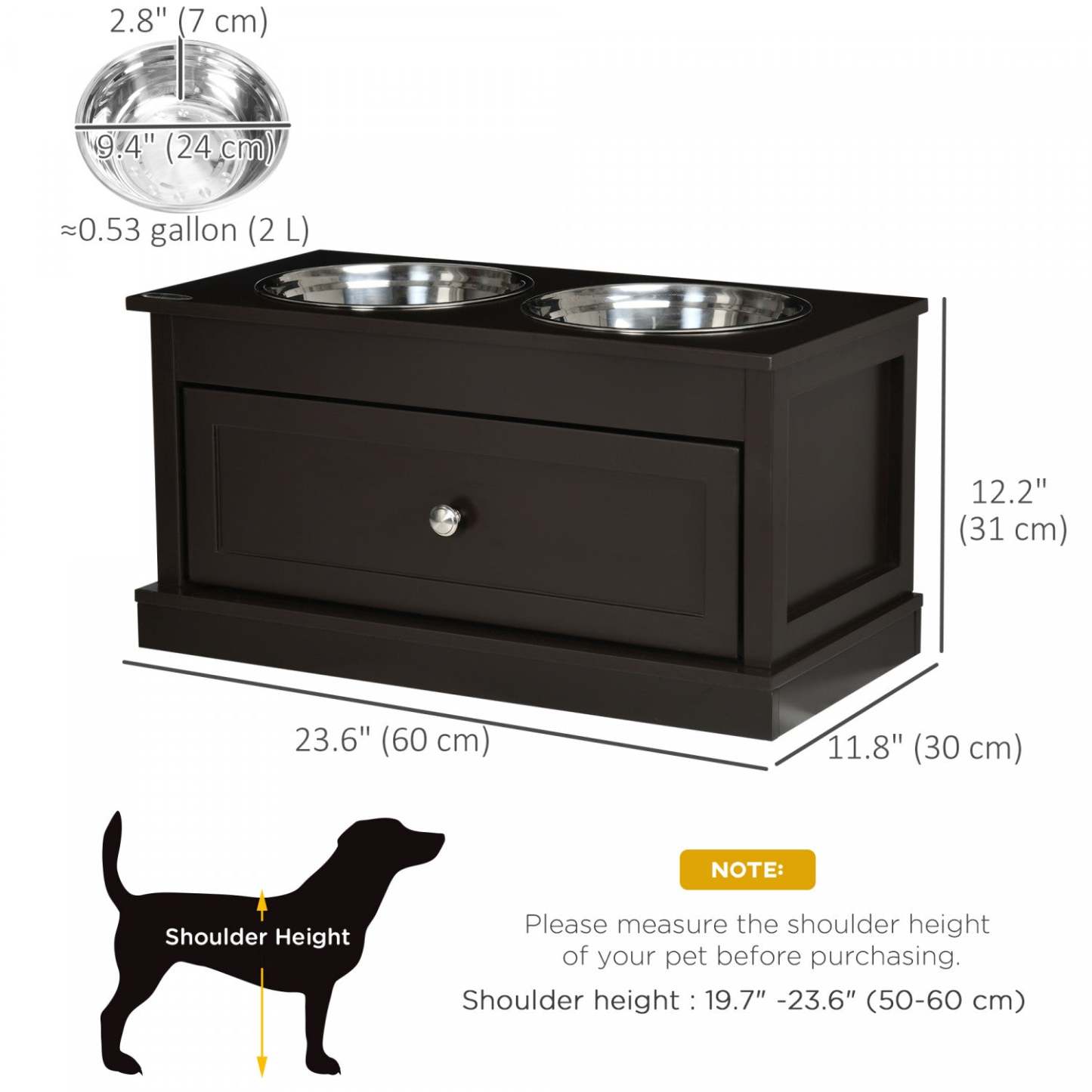 Pawhut Grandes Gamelles Surélevées Pour Chien Avec Tiroir De Rangement, Gamelles Surélevées Pour Chien Avec Support, 2 Gamelles En Acier Inoxydable | Pawhut Grandes Gamelles Surelevées Pour Chien Avec Tiroir De Rangement D'une Capacité De 11 L, Suppo