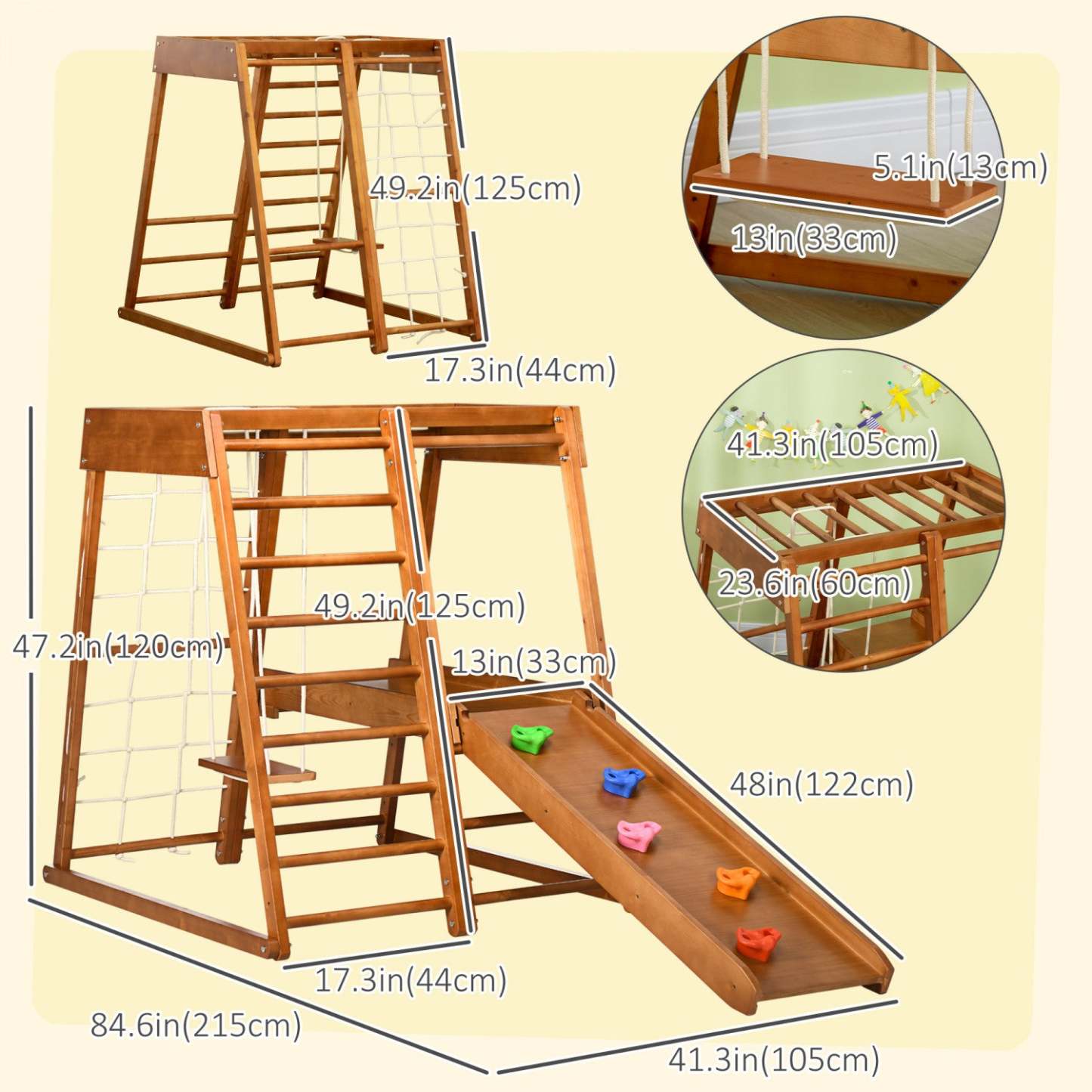 Qaba Aire De Jeux Interieure 6 En 1 Pour Enfants Jungle Gym Avec Toboggan, Mur D'escalade, Grimpeur, Barres De Singe