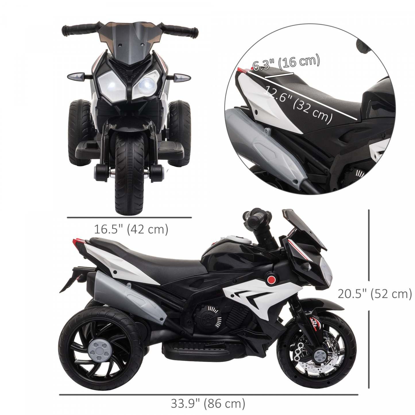 Qaba Kids Motorcycle, moto électrique alimentée par batterie 6v avec musique, klaxon, phares, vélo électrique à 3 roues pour enfants, cadeau pour garçons et filles, noir
