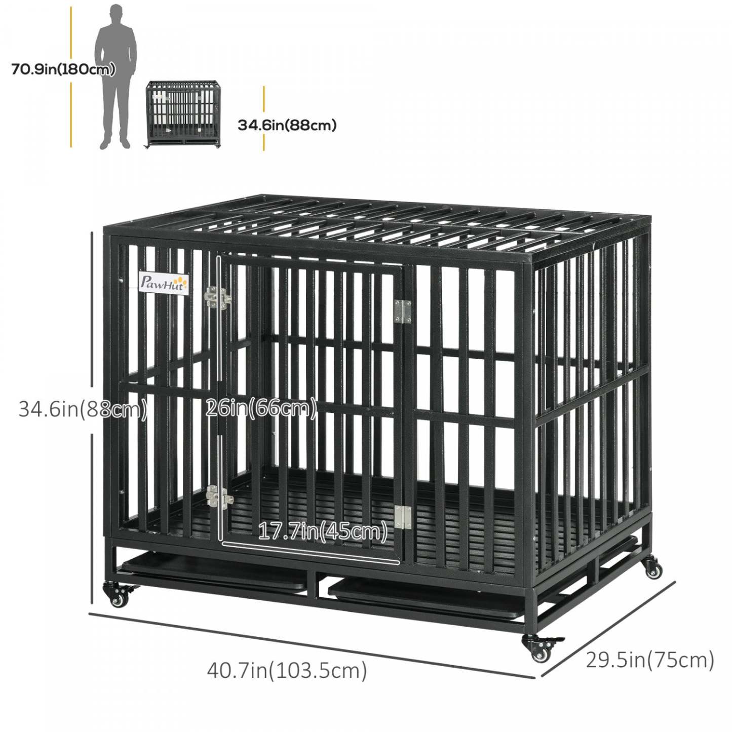 Pawhut Heavy Duty Steel Dog Crate Kennel Pet Cage With Wheels For Portability And A Door For Conveni|Pawhut – Cage En Métal Robuste Pour Chien, Chenil Et Cage, Parc Pour Chien Avec Roues Verrouillables