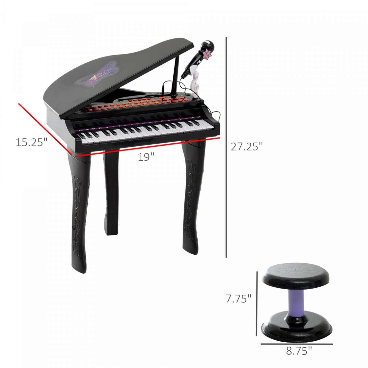 Qaba Mini Piano Musical Électronique 37 Touches Clavier Multifonction Jouet Enfants Avec Microphone Stool, Bla
